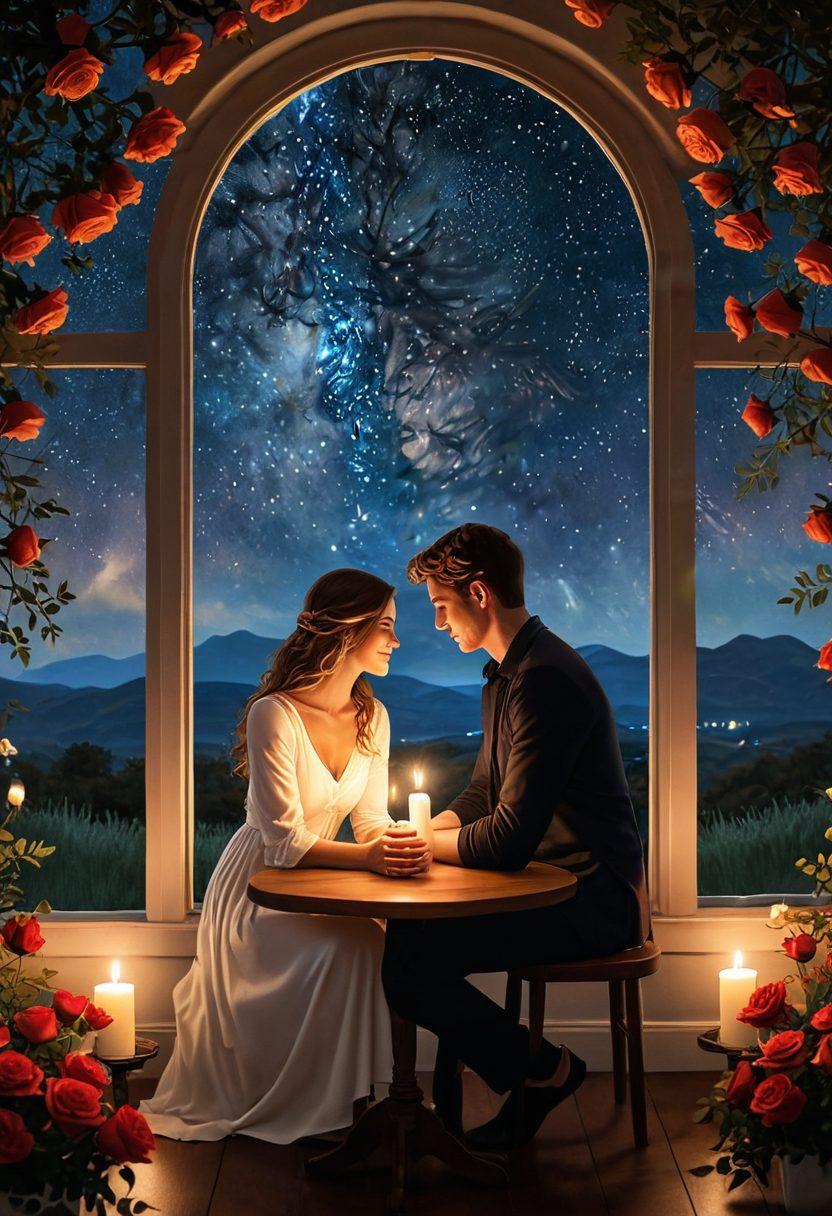 A cozy, intimate scene featuring a couple sitting together under a starry night sky, sharing a heartfelt moment while holding hands. Romantic elements like gentle candlelight and blossoming roses are scattered around them. The background showcases soft, warm colors to evoke feelings of love and connection. super-realistic. warm tones. soft focus.