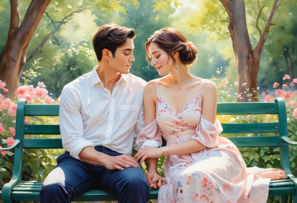 A warm, cozy scene featuring a couple sitting together on a park bench, surrounded by blooming flowers, engaged in a deep conversation. Soft sunlight filters through the trees, casting a gentle glow on their faces, symbolizing emotional connection and understanding. Include heart motifs subtly in the background to highlight romantic compatibility. watercolor style. soft pastels. natural light.