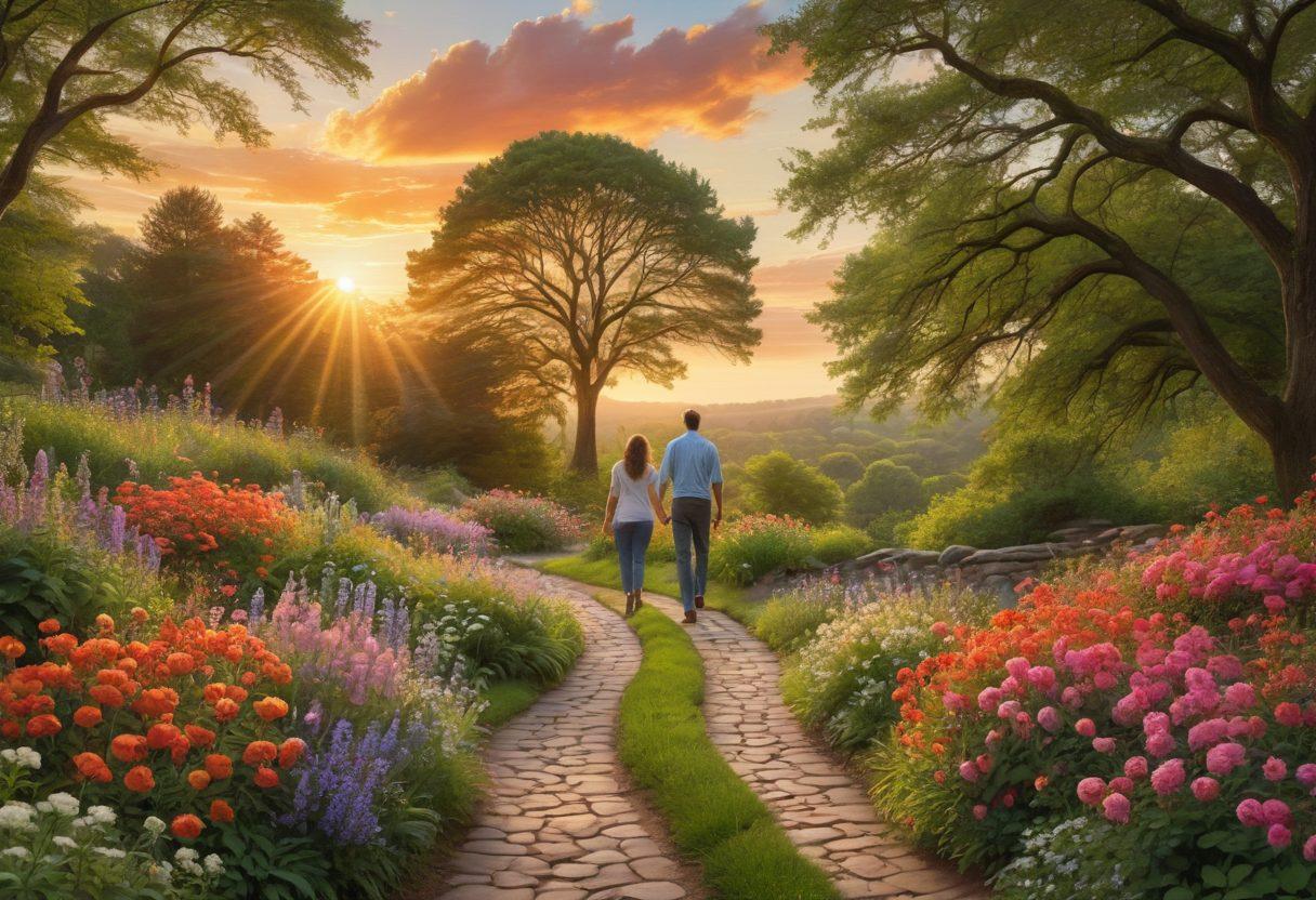 A serene landscape depicting a couple walking hand-in-hand along a winding path adorned with blooming flowers and gentle sunlight filtering through lush trees. In the background, a heart-shaped sunset symbolizes love, while soft clouds float above, representing hope and guidance. The scene conveys a sense of unity, connection, and tranquility. vibrant colors. super-realistic.